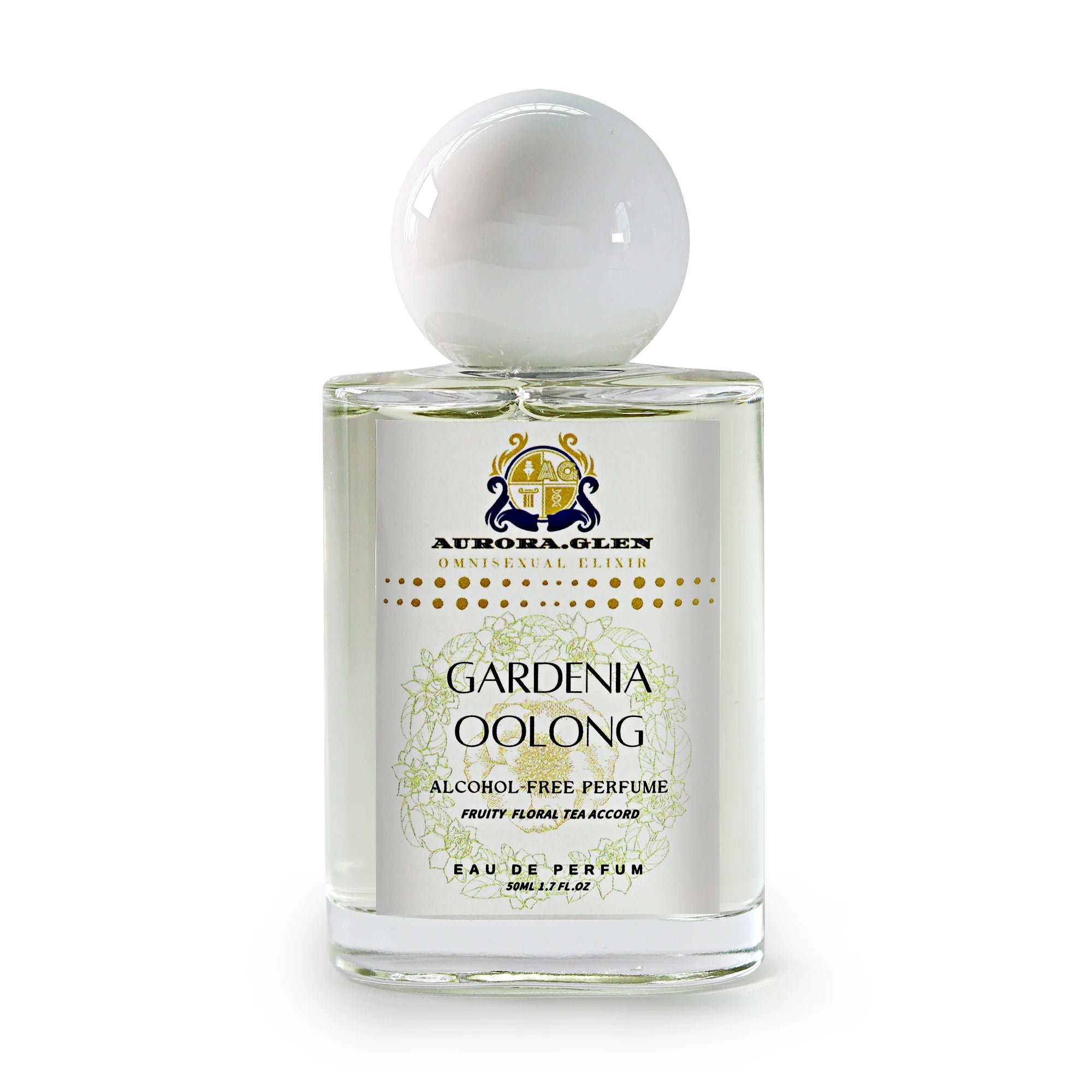 Glass bottle of Aurora Glen Gardenia Oolong alcohol-free perfume with white round cap and floral label.