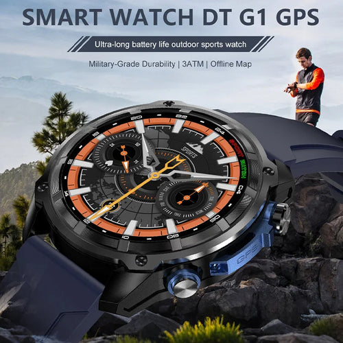 Outdoor GPS smart watch with dark blue strap and rugged round black face