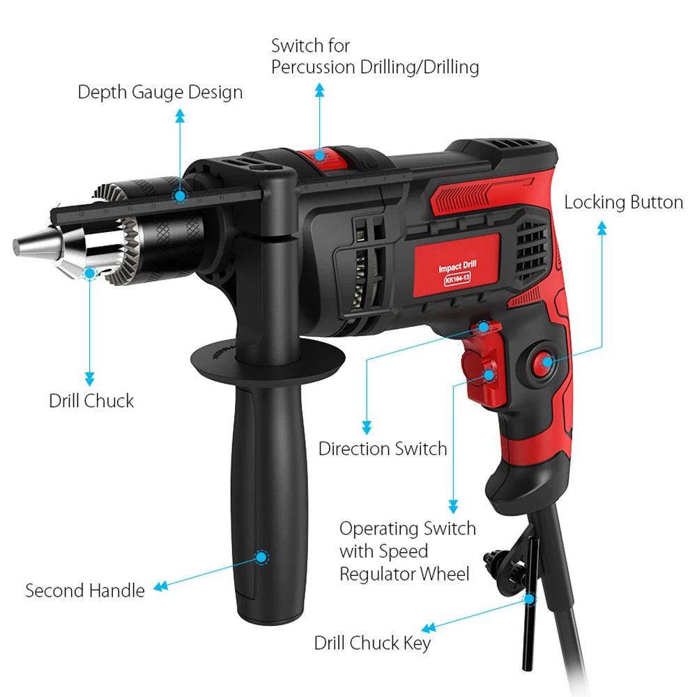 Hammer Drill Impact Drill 850W 3000 RPM Hand Electric Drill with 360° Rotating Handle Hammer and Drill 2 Mode in 1 with Depth