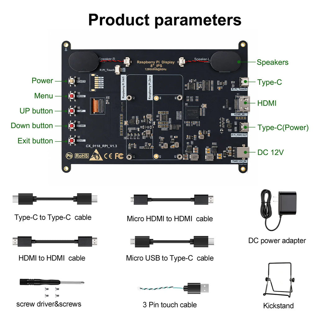 8 Inch Raspberry Pi Touch Monitor 1920×1200 IPS 10-Point Touch Screen Dual Speaker HDMI Display for Pi 5/4B/3B PC DIY Case 3D