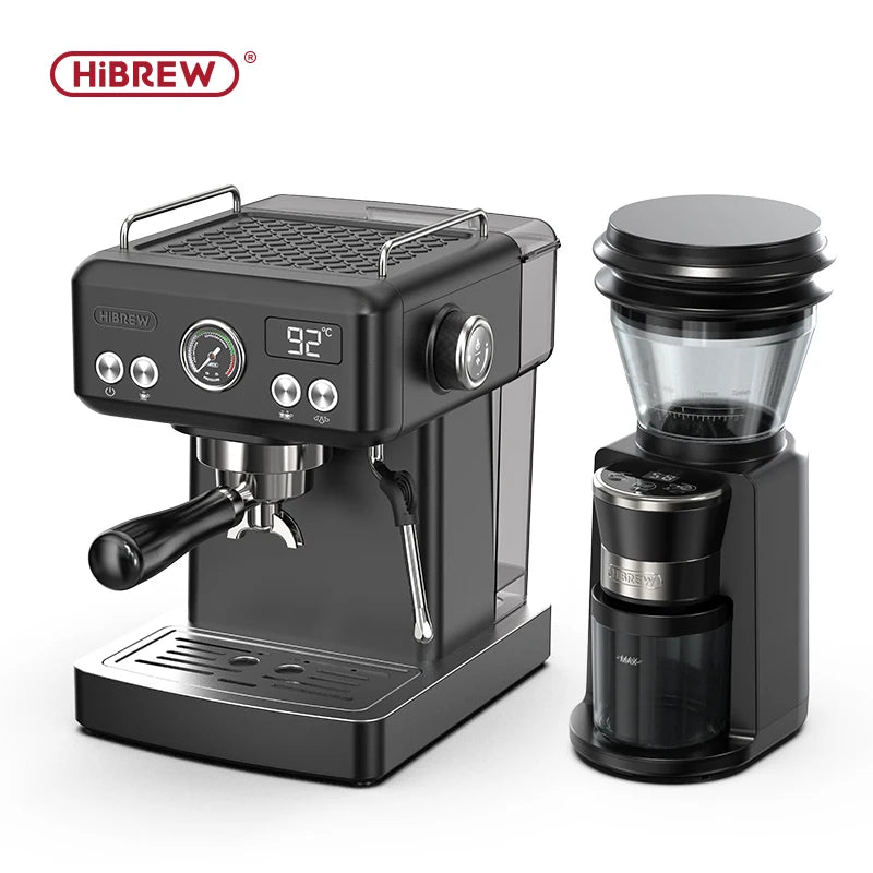 HiBREW black espresso machine and conical burr coffee grinder set with digital display and pressure gauge.