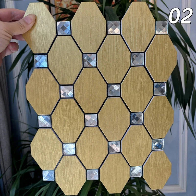 Hexagon peel-and-stick wall tile mosaic, light tan tiles with silver mirrored insets