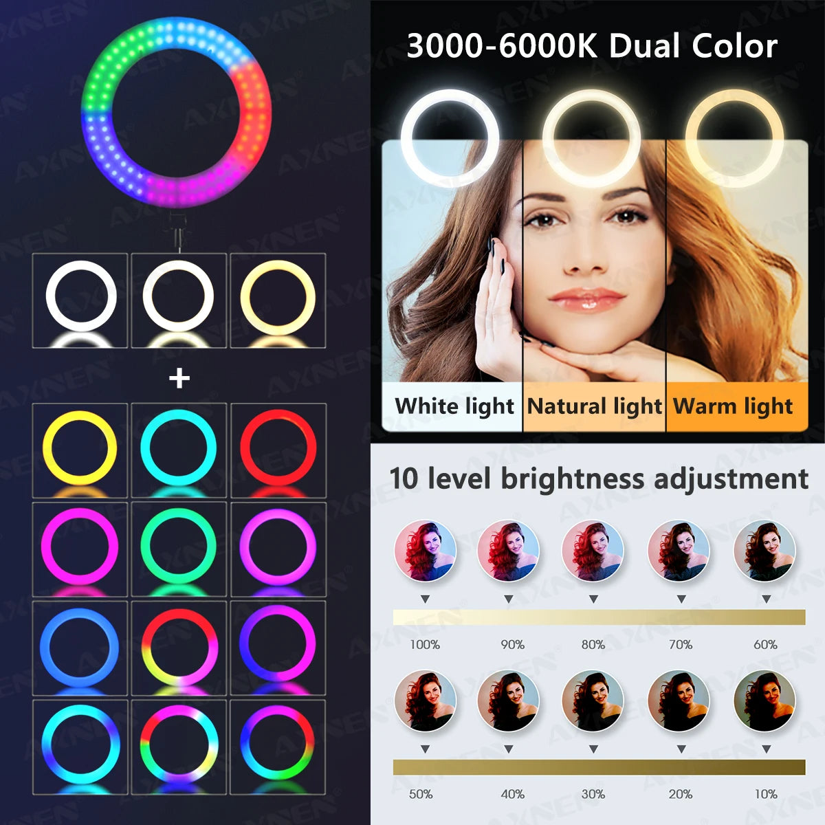 LED ring light with adjustable color temperatures and multi-colored RGB modes, featuring 10 brightness levels.