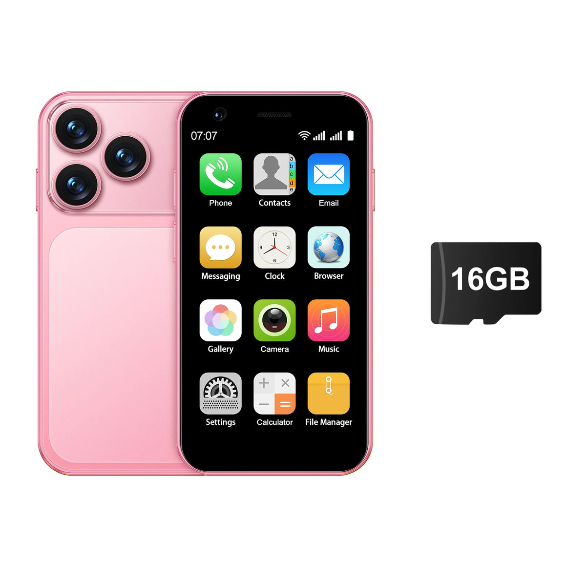 Pink smartphone with dual rear cameras, front screen and 16GB storage card