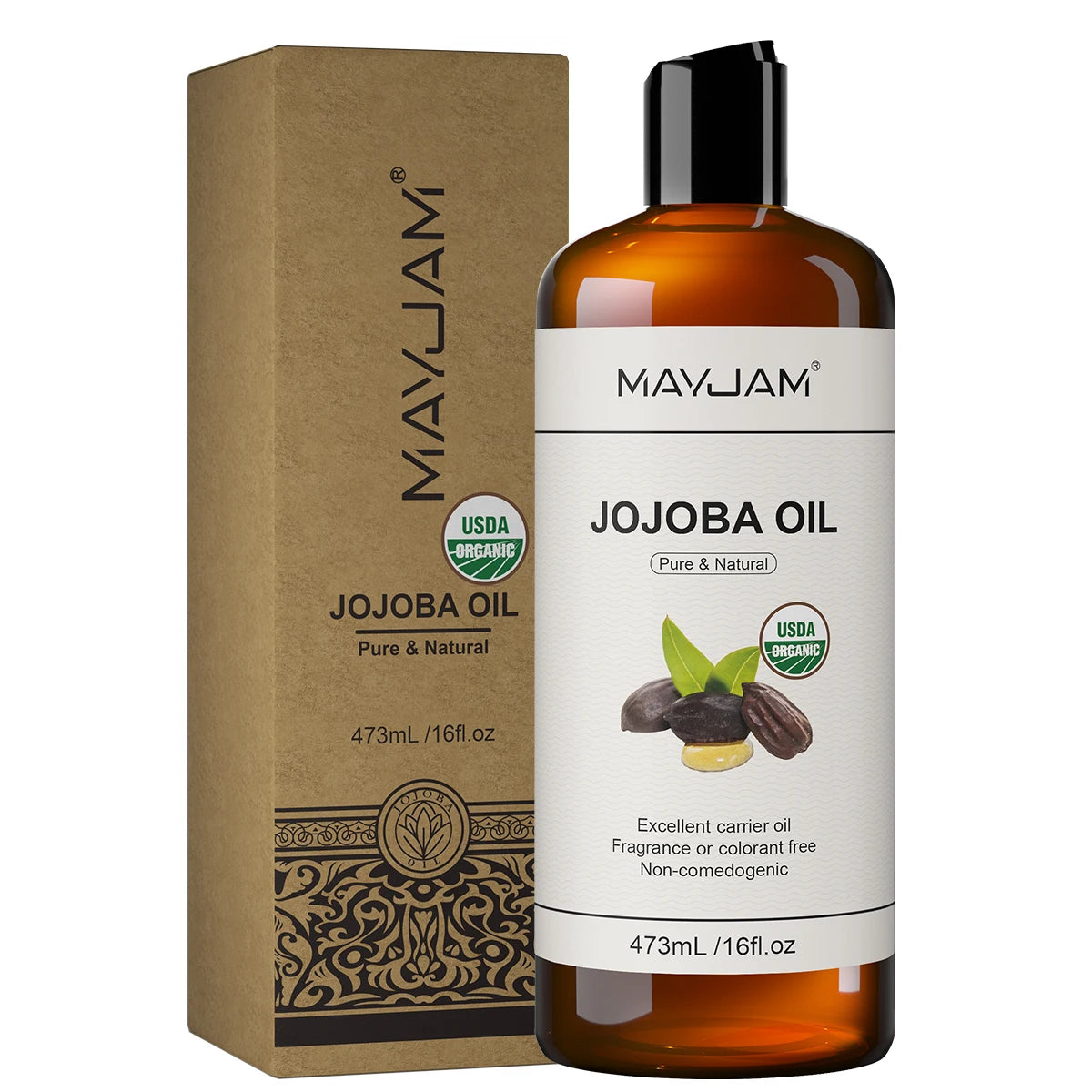 MAYJAM USDA Organic Jojoba Oil for skin, hair, and face. Pure, cold-pressed moisturizing carrier oil for massage.