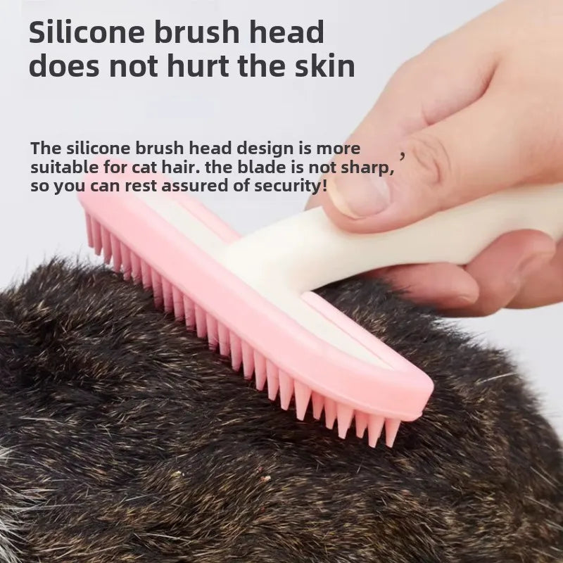 Soft pink silicone pet brush grooming cat or rabbit hair for gentle, safe, and effective shedding control.