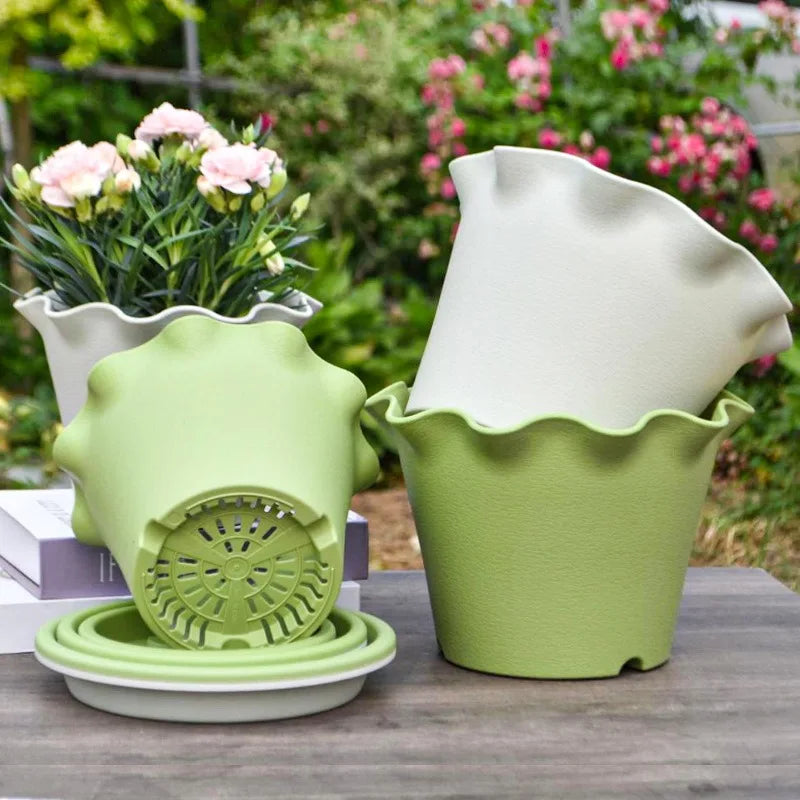 Flower Pot Lotus Leaf Edge Household Thickened Plastic Indoor Balcony Lily Wind and Wave Edge Pot 2pcs (Flower Pots Bases)