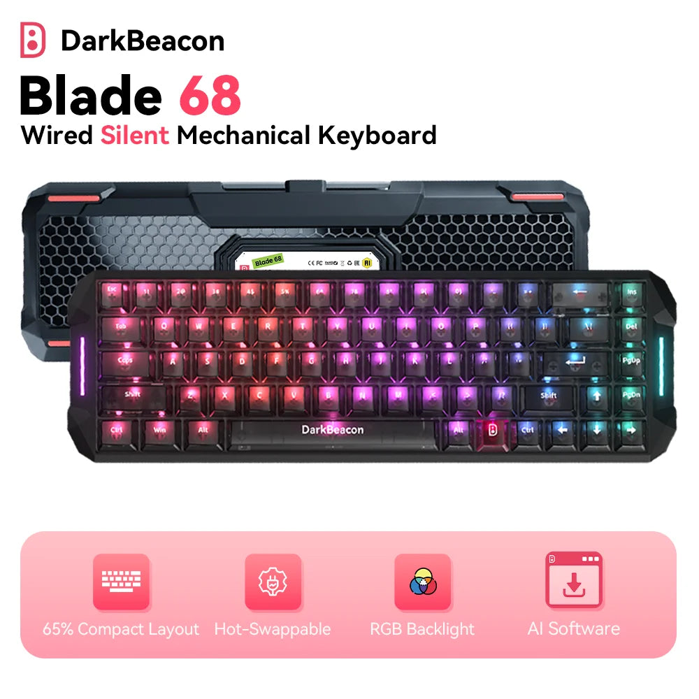 DarkBeacon 65% Gaming Keyboard 68 Keys Mechanical Keyboard LED Backlit Wired Keyboard with Red Switch for Windows Mac PS4 Gamer