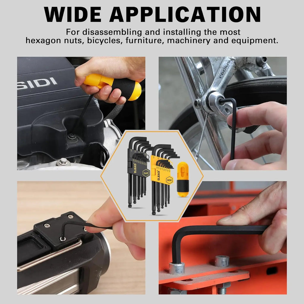 ELEAD 27PCS Hex Key Allen Wrench Set MM SAE Ball End Long Short Arm with Grip Handle Metric 1.27-10mm SAE 3/64"-3/8 with Storage