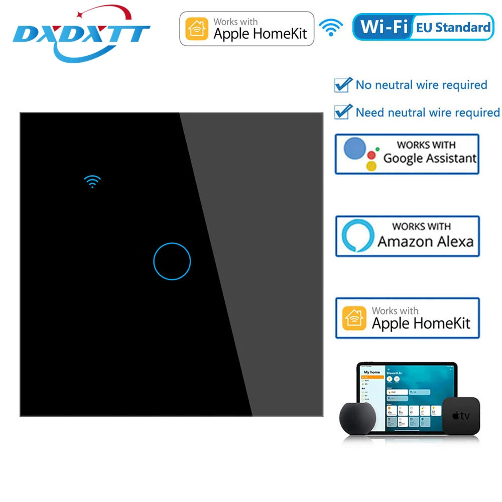 BONDA Homekit Smart Switch No Neutral EU/US WIFI Touch Sensor Light Switch Smart Google Home Alexa Siri Voice Control 220V 110V