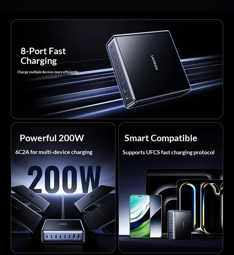 UGREEN 200W GaN Charger 8 in 1 Desktop Laptop Fast Charging Stand For Phone Tablets Smart Watch Desktop Charging Station iPad