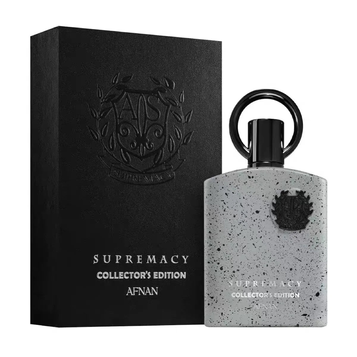 Afnan Supremacy Collector's Edition: Long-lasting masculine EDP in a unique grey speckled bottle with black cap.