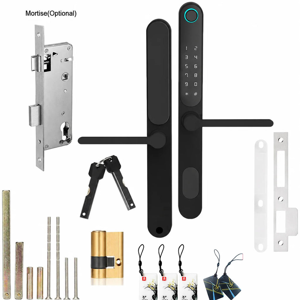 Tuya Smart Door Lock with Handle, Fingerprint Keypad IC Card Mechanical Key, Waterproof Outdoor 85mm Euro Mortise