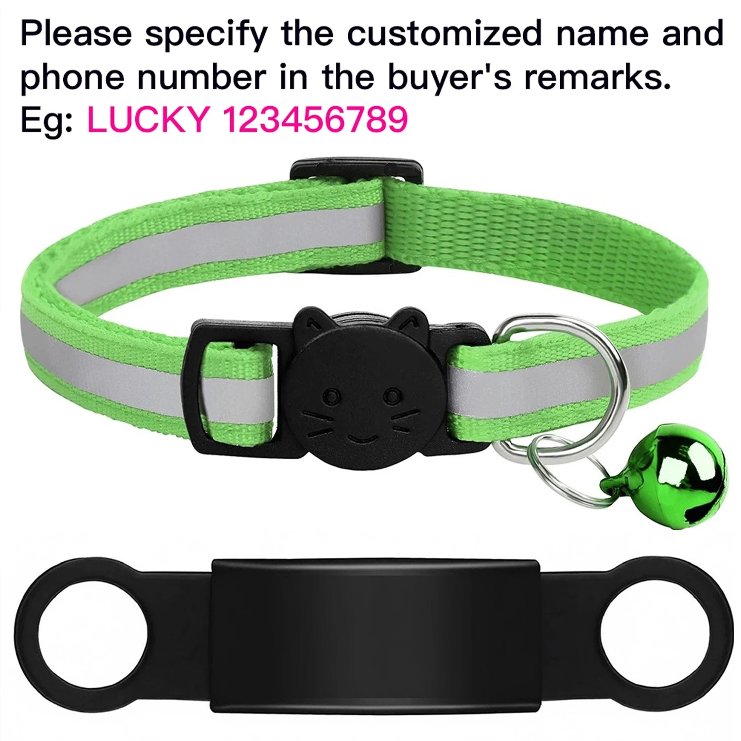 Customized green reflective cat collar with anti-lost engraved ID tag, safety bell, and secure buckle for pets.