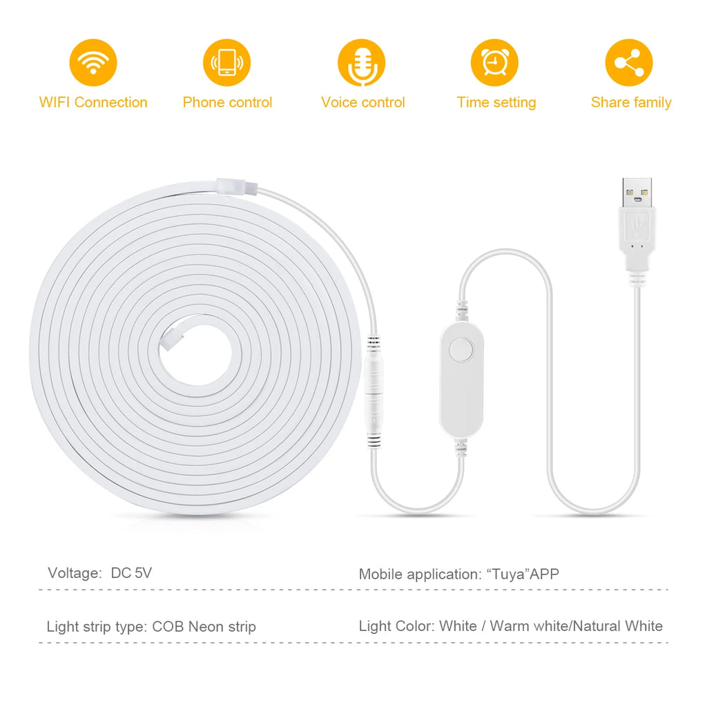 WiFi Smart LED Neon Strip Light - Flexible App-Controlled USB Tape Tidesmit