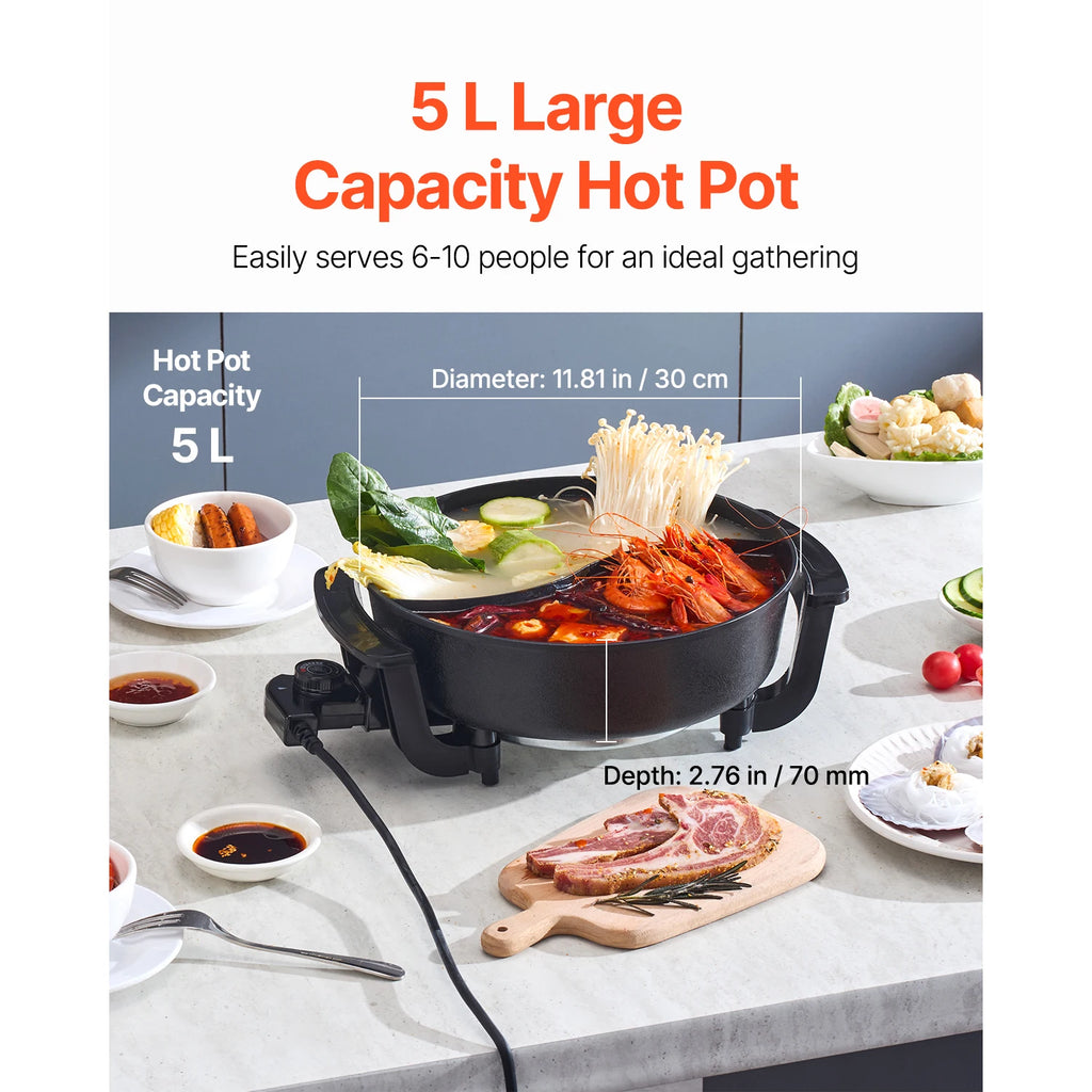 Black dual-flavor electric hot pot with glass lid, food simmering