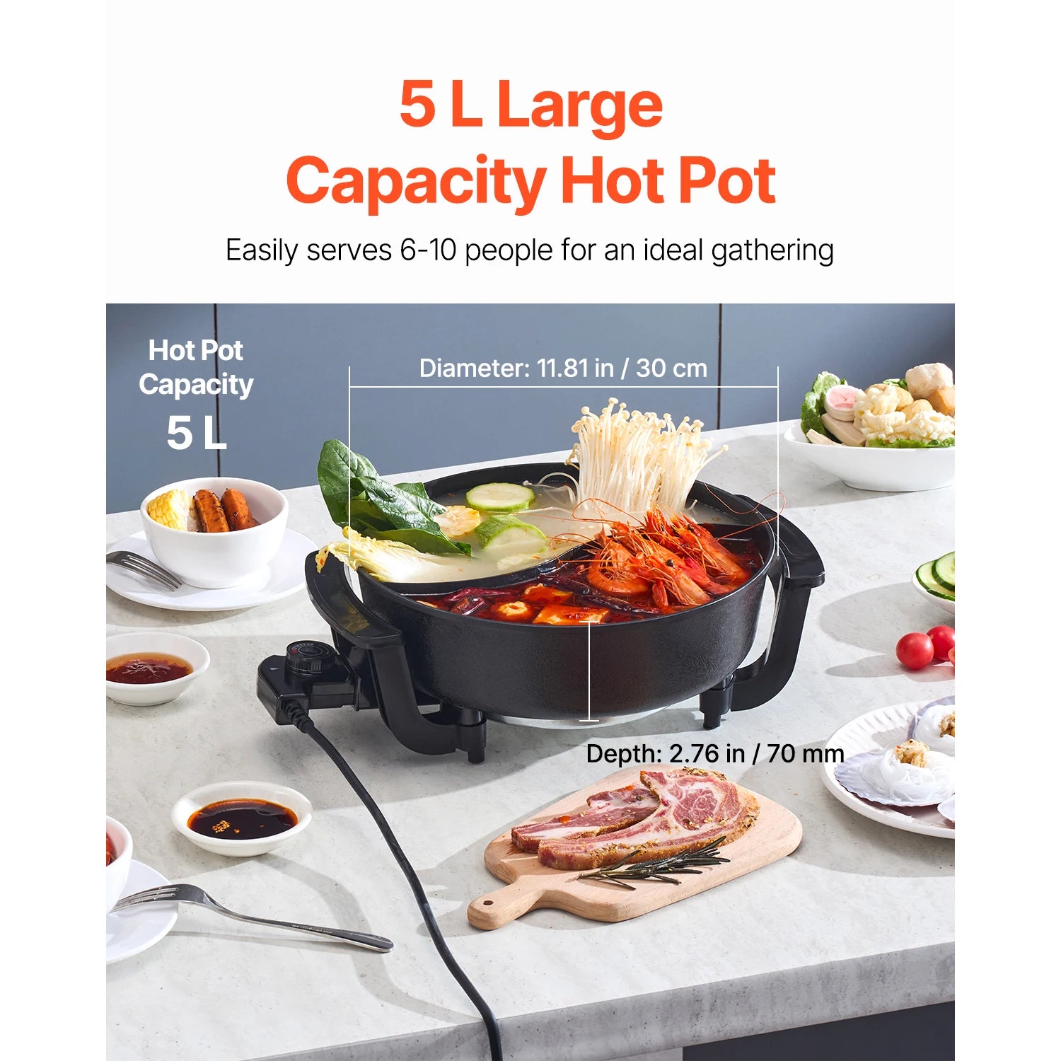 Black dual-flavor electric hot pot with glass lid, food simmering