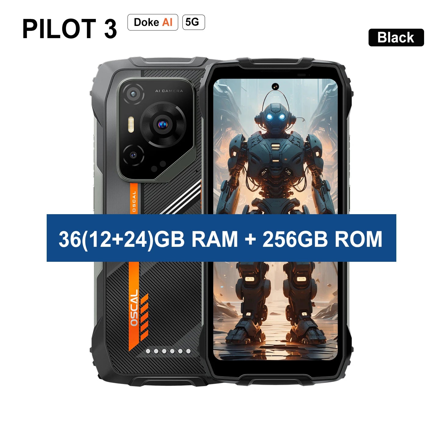 Blackview OSCAL PILOT 3 5G black rugged smartphone, 36GB RAM, 256GB storage, 6.78" display, front and back view.