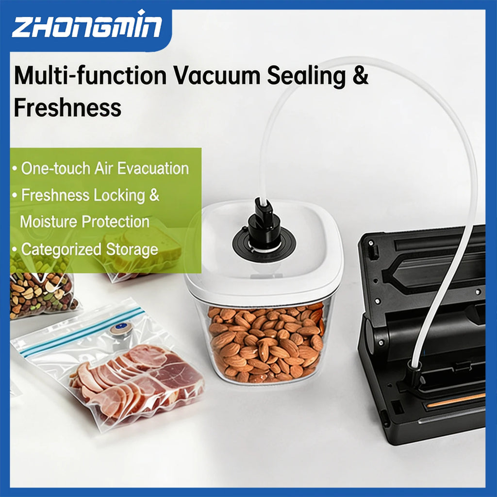 ZHONGMIN Vacuum Sealer Machine, 4-in-1 Food Saver with Built-in Cutter & Roll Storage, -60kPa Strong Suction, Dry/Moist/Pulse Se