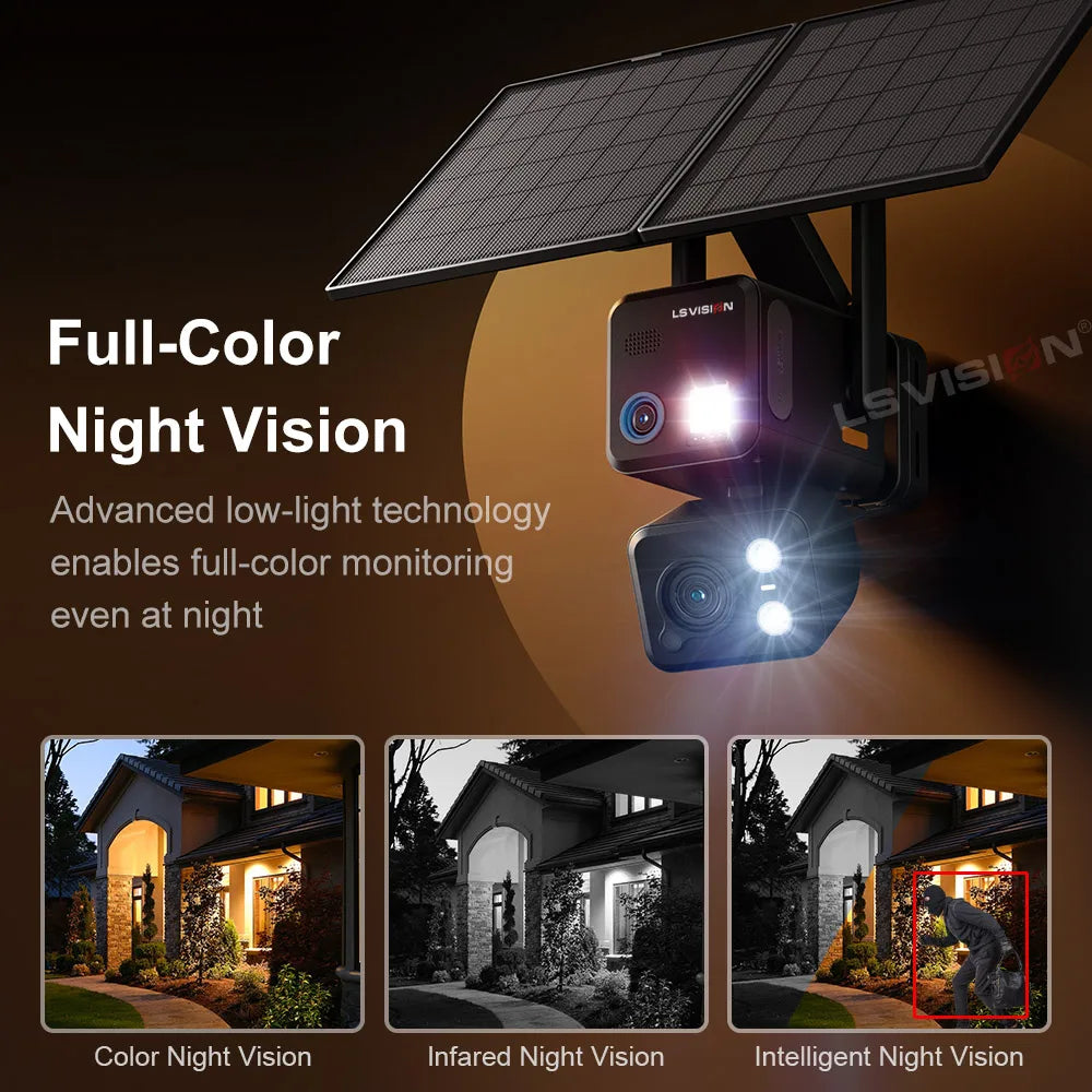 LS VISION 24/7 Recording 4g Sim &Wifi Security Camera Outdoor AOV 20 Watt Solar Panel Cctv AI Detection Cam For Villas Estates