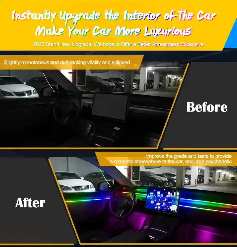 Multicolored LED interior ambient lighting strip installed along a car dashboard and center console for decoration.