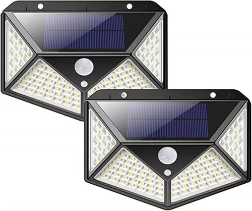 Two black, angular solar wall lights with top solar panels, motion sensors, and numerous LED bulbs for outdoor security.
