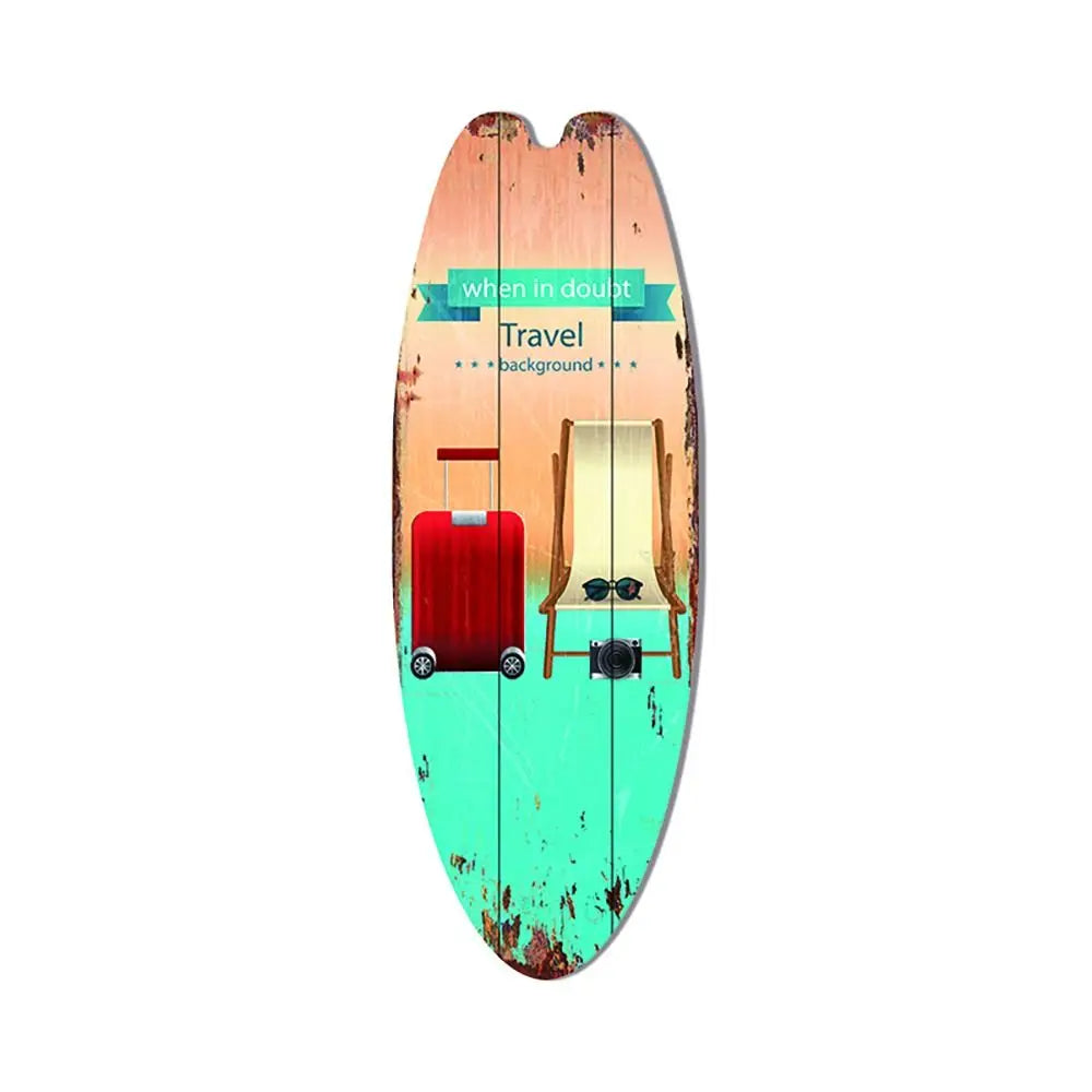 Wood surfboard hanging sign, teal and orange “Travel” with suitcase illustration