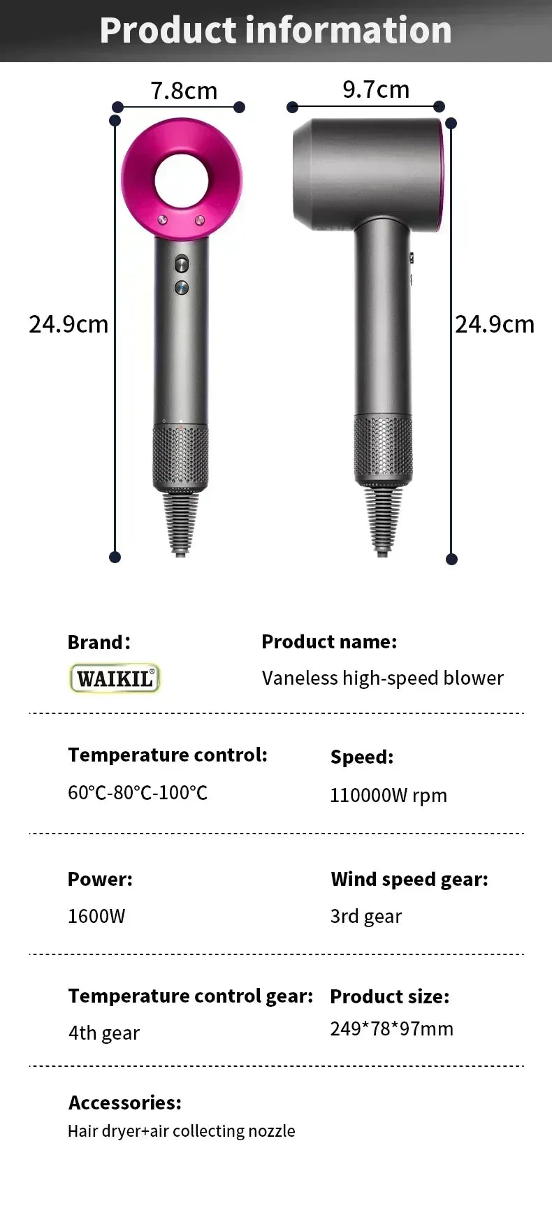 Pink and grey professional ionic leafless hair dryer with nozzle, 1600W high-speed salon tool for home or travel.