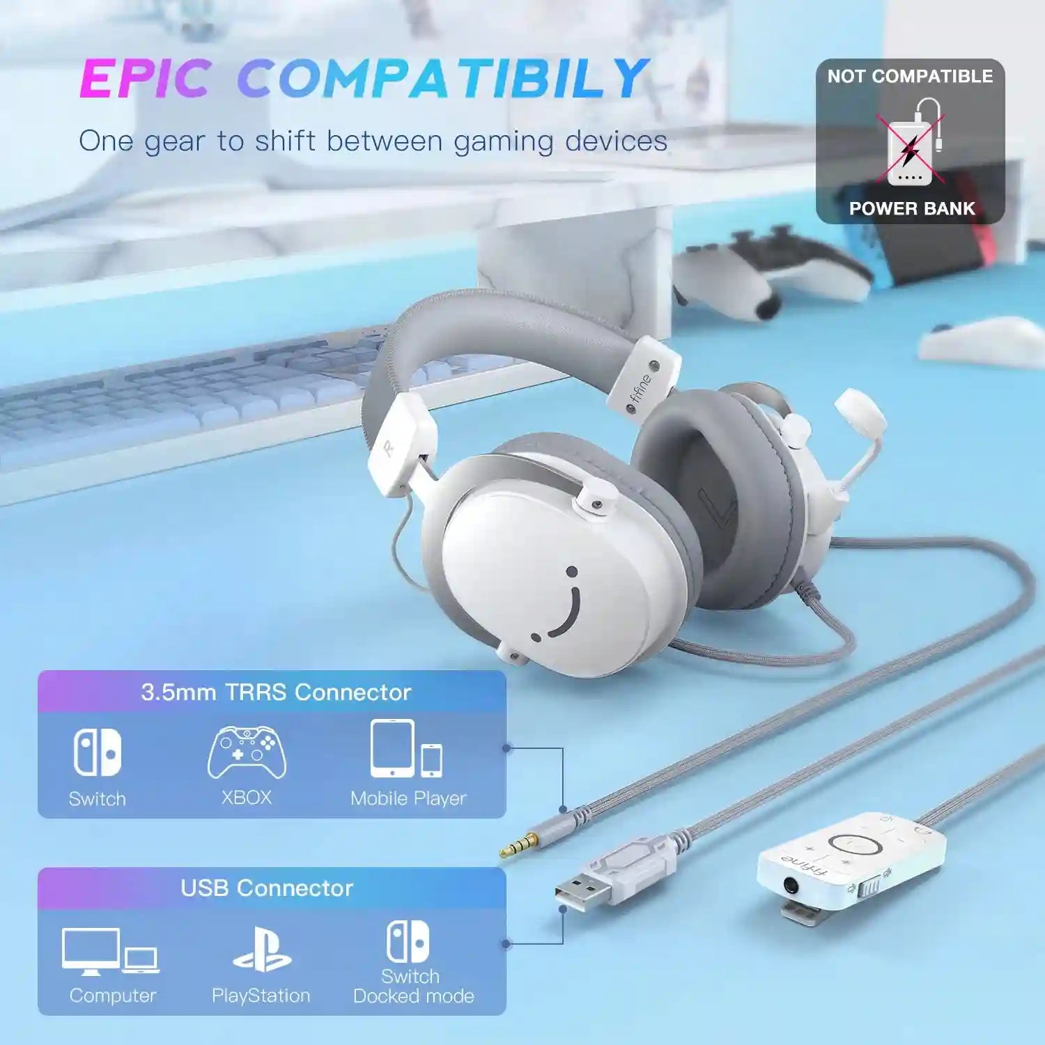 USB Gaming Headset 7.1 Surround Sound Wired Over-Ear PC PS5 White Tidesmit