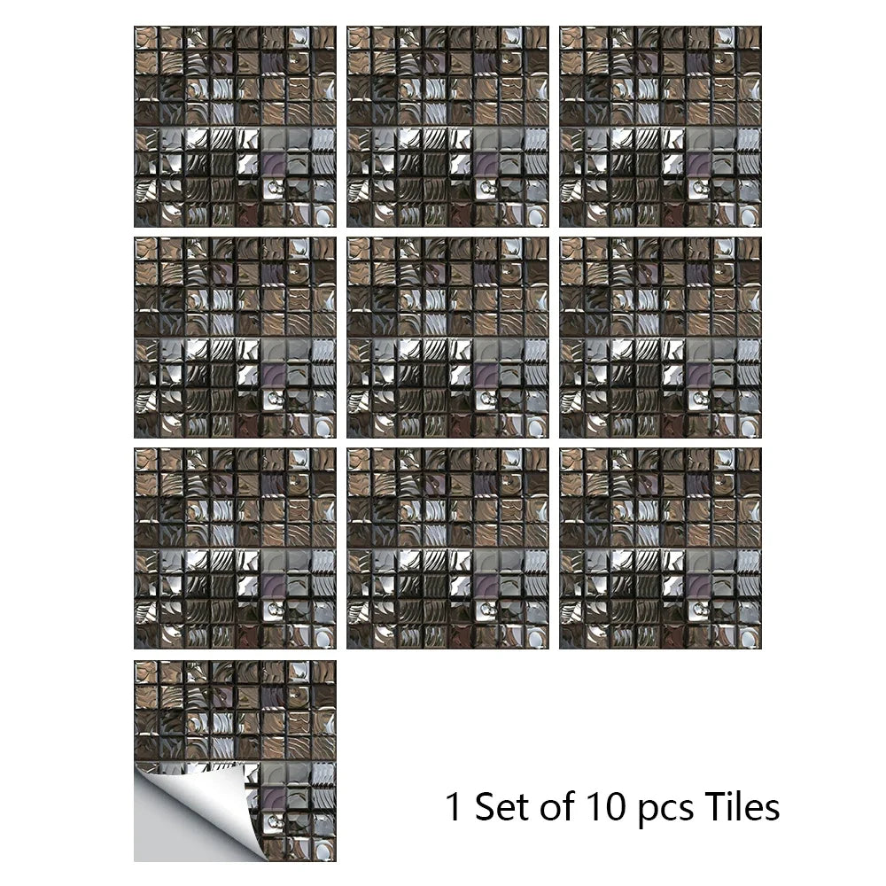 Mosaic tile sticker set, 10pcs dark brown and bronze square tiles with ornate look