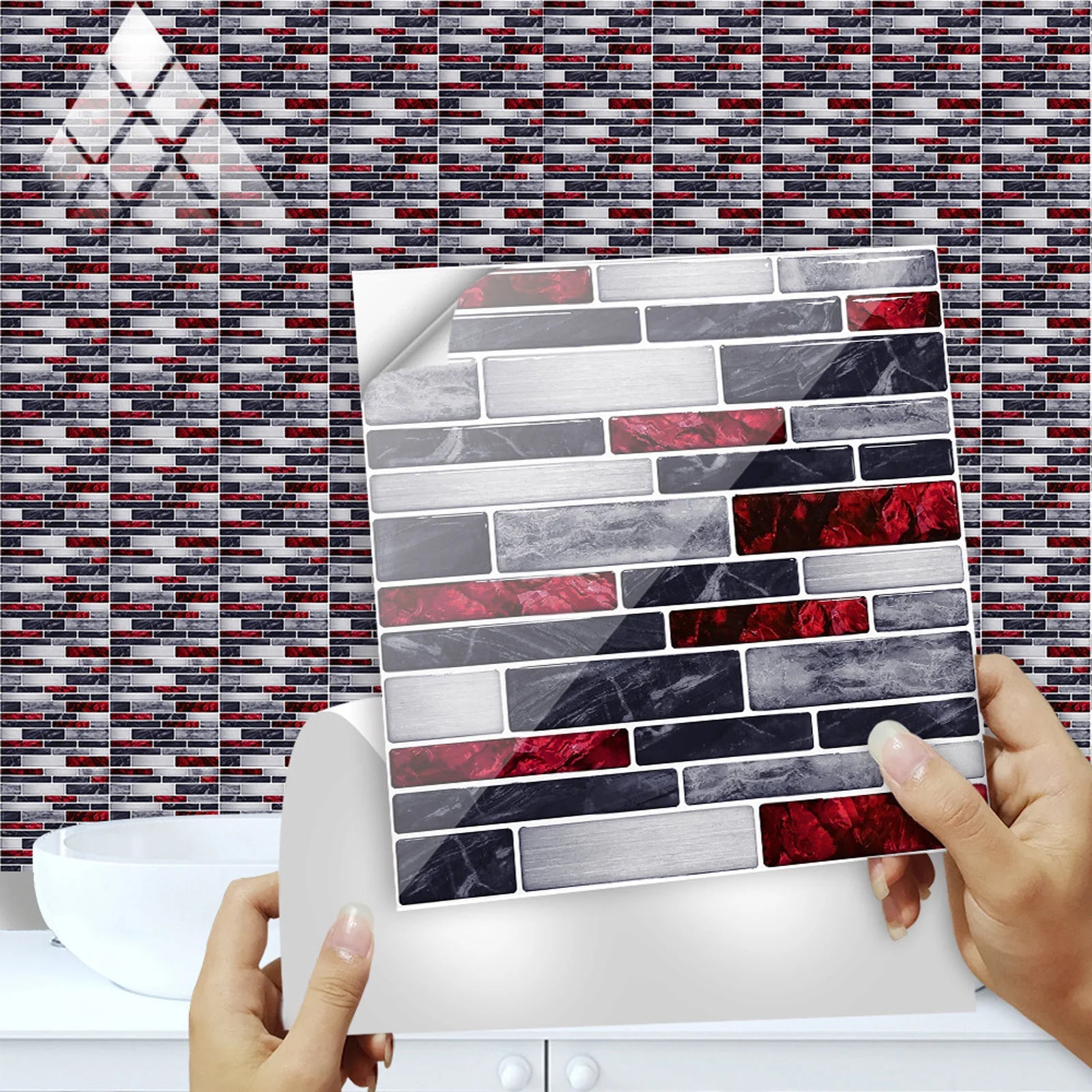 10pcs Self Adhesive Tiles Stickers Marble Mosaic Embossing Tile Stickers Kitchen Bathroom Waterproof  Wall Decals Decoration ﻿