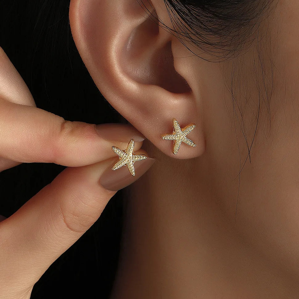 Punk Metal Starfish Stud Earrings for Women Fashion Gold Color Star Geometric Temperament Earrings Summer Jewelry Gift