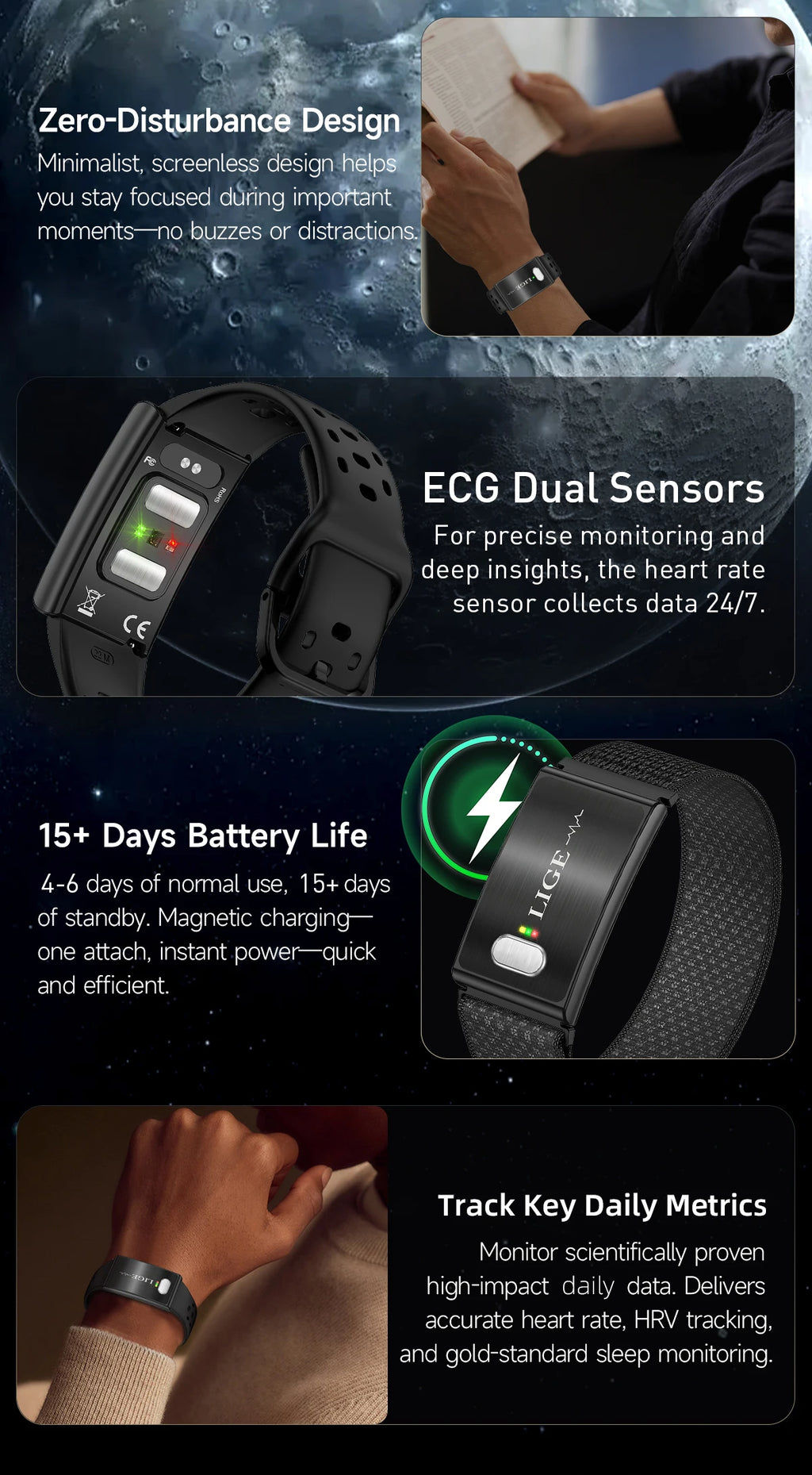 LIGE New ECG+PPG Smart Bracelet Heart Rate Health Monitoring Thermometer HPV Test Reports Waterproof Sports Tracker Smart Watch