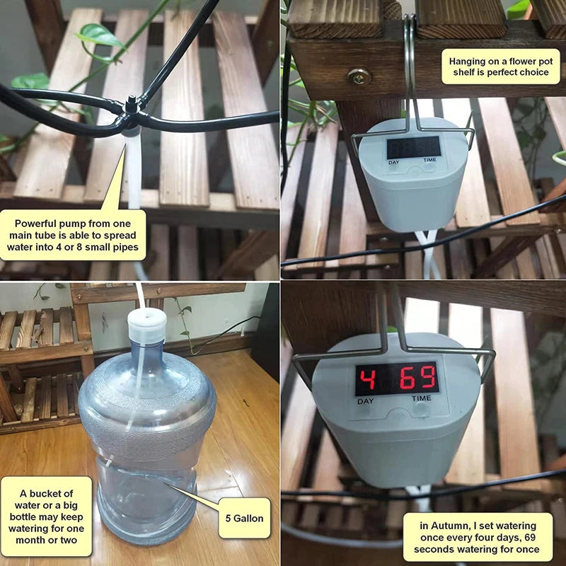 Self-watering irrigation kit with connected tubing, pump, and LED display showing 4 68