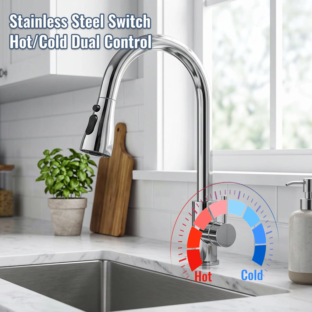 Stainless Steel Faucet Kitchen Faucet Sink Faucet with Pull Down Sprayer Hot and Cold Dual Control Bar Sink Faucet Rotation Faucet Showerhead and Bubble Water Flow