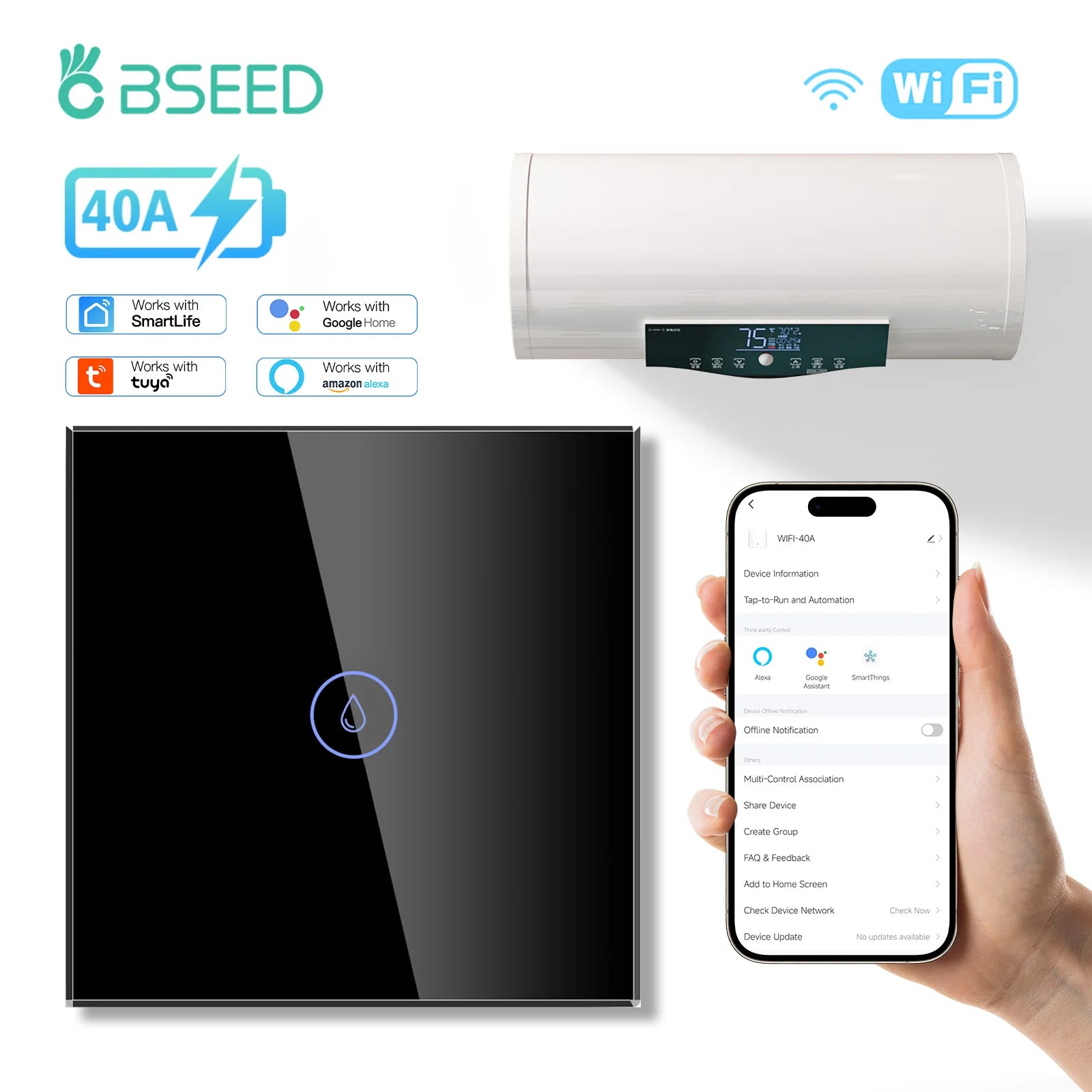 BSEED Wifi Smart Water Heater Switches Touch Boiler Switches 40A Plus EU Waterproof Socket For Kitchen Batroom Tuya Smart Life
