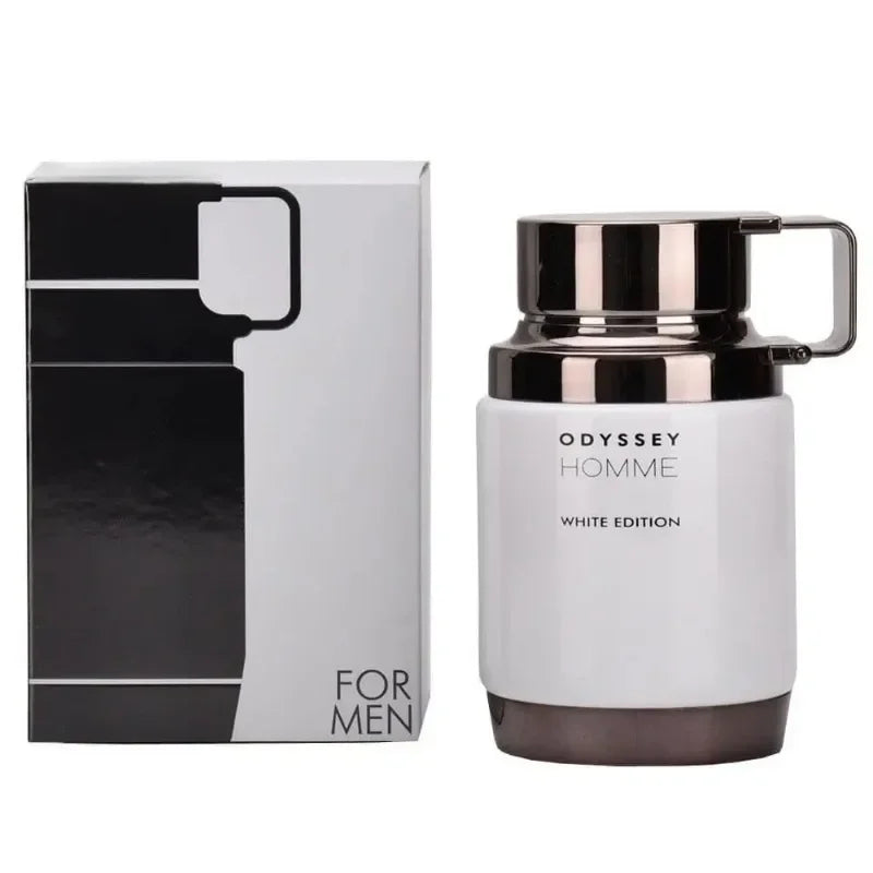 Armaf Odyssey Homme White Edition 100ml men's cologne, a sleek white bottle, Arabian EDT Middle Eastern fragrance spray.