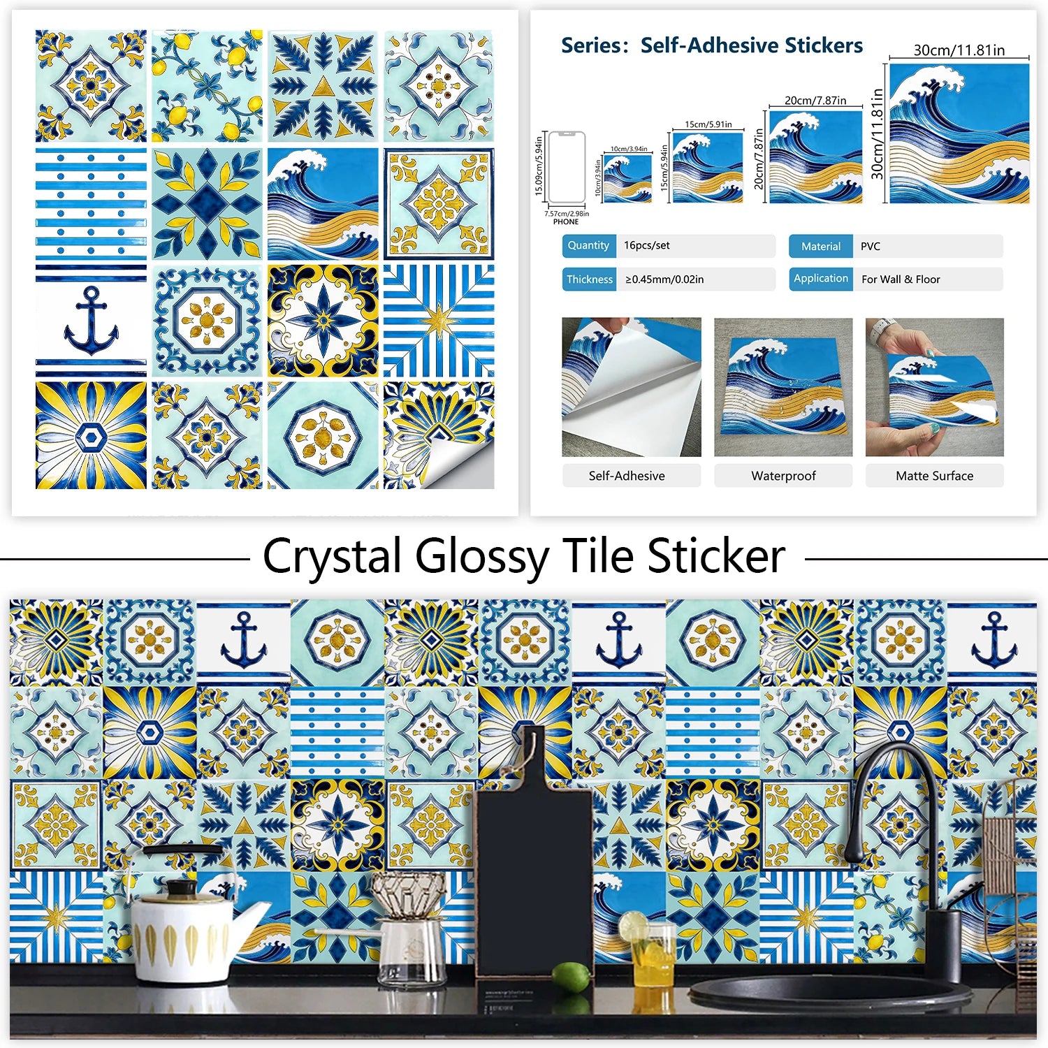 16pcs Portuguese Azulejo Tile Decals - Blue Yellow Floral Geometric Self-Adhesive Wall Stickers for Home Decor
