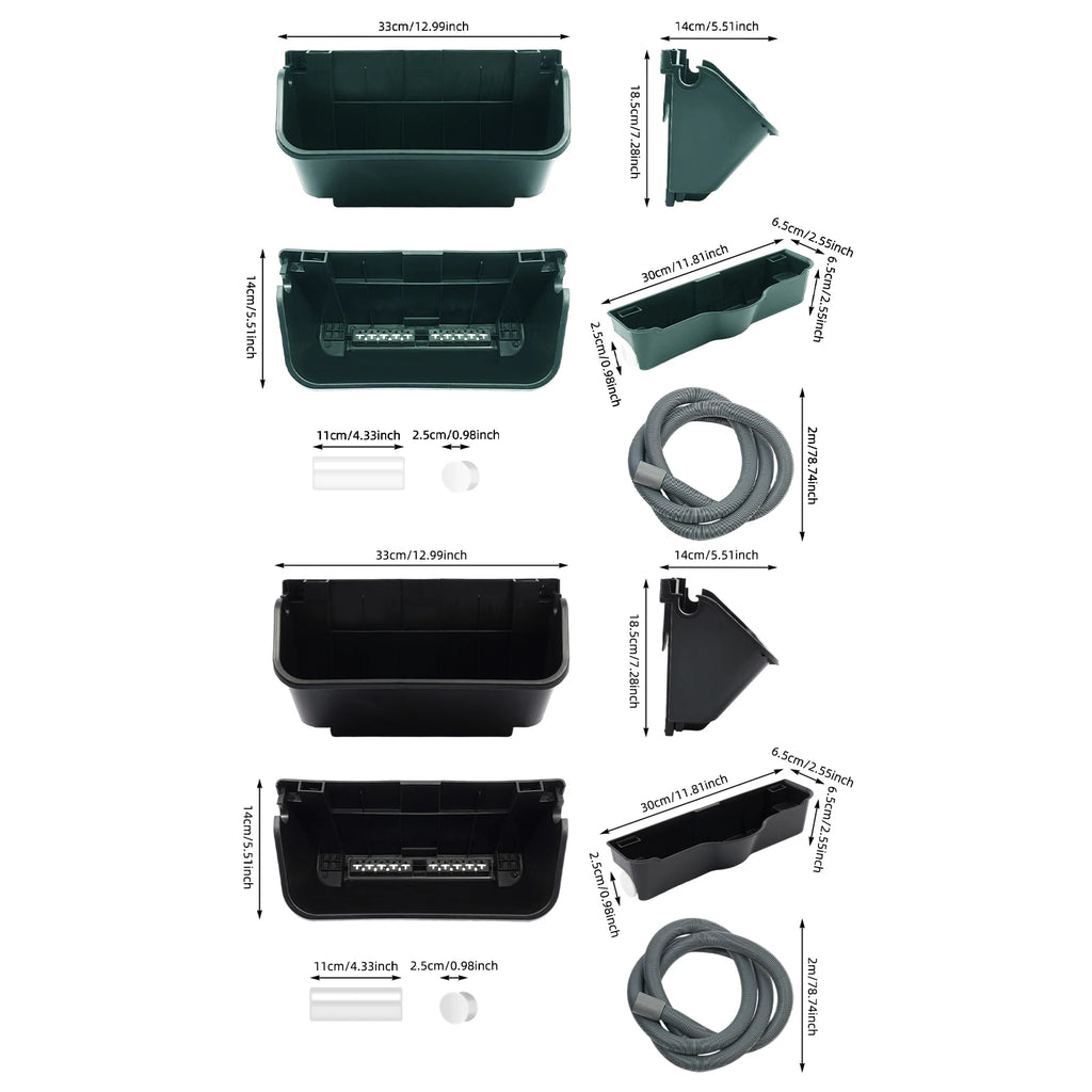 Wall-mounted planter parts and dimensions, green and black holders with mounting cord