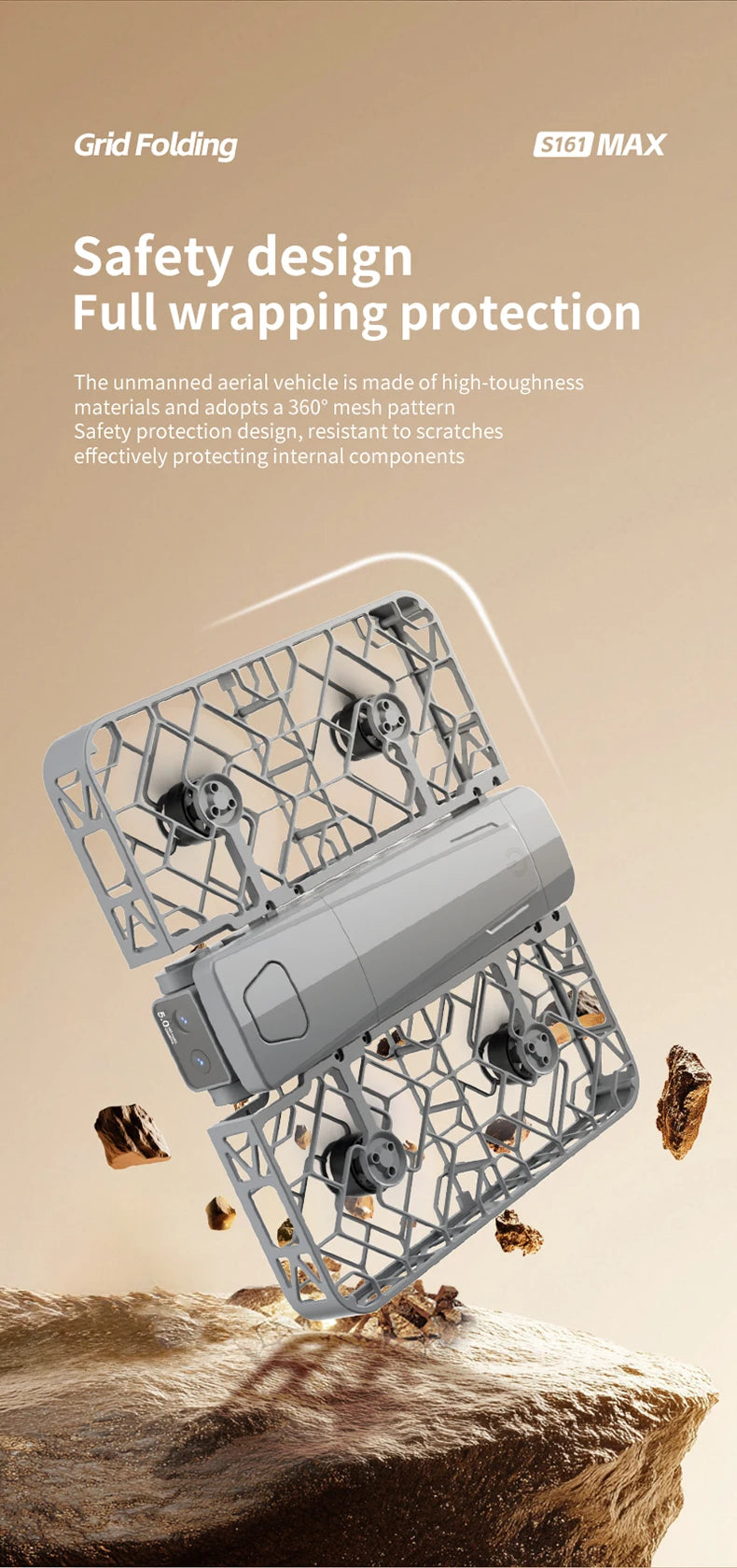 S161 MAX grey foldable drone with protective cage mesh and internal rotors for safe aerial photography.