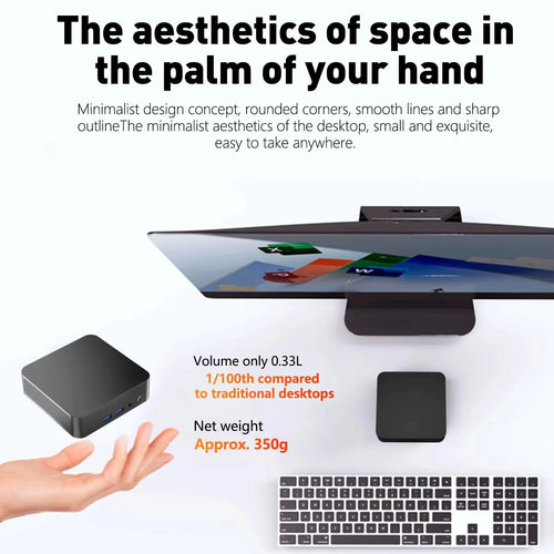 Small, black, square mini PC with rounded corners, side vents, and front USB ports, shown held in a palm.