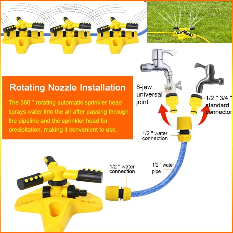 Yellow rotating sprinkler head with adjustable nozzle and hose connectors