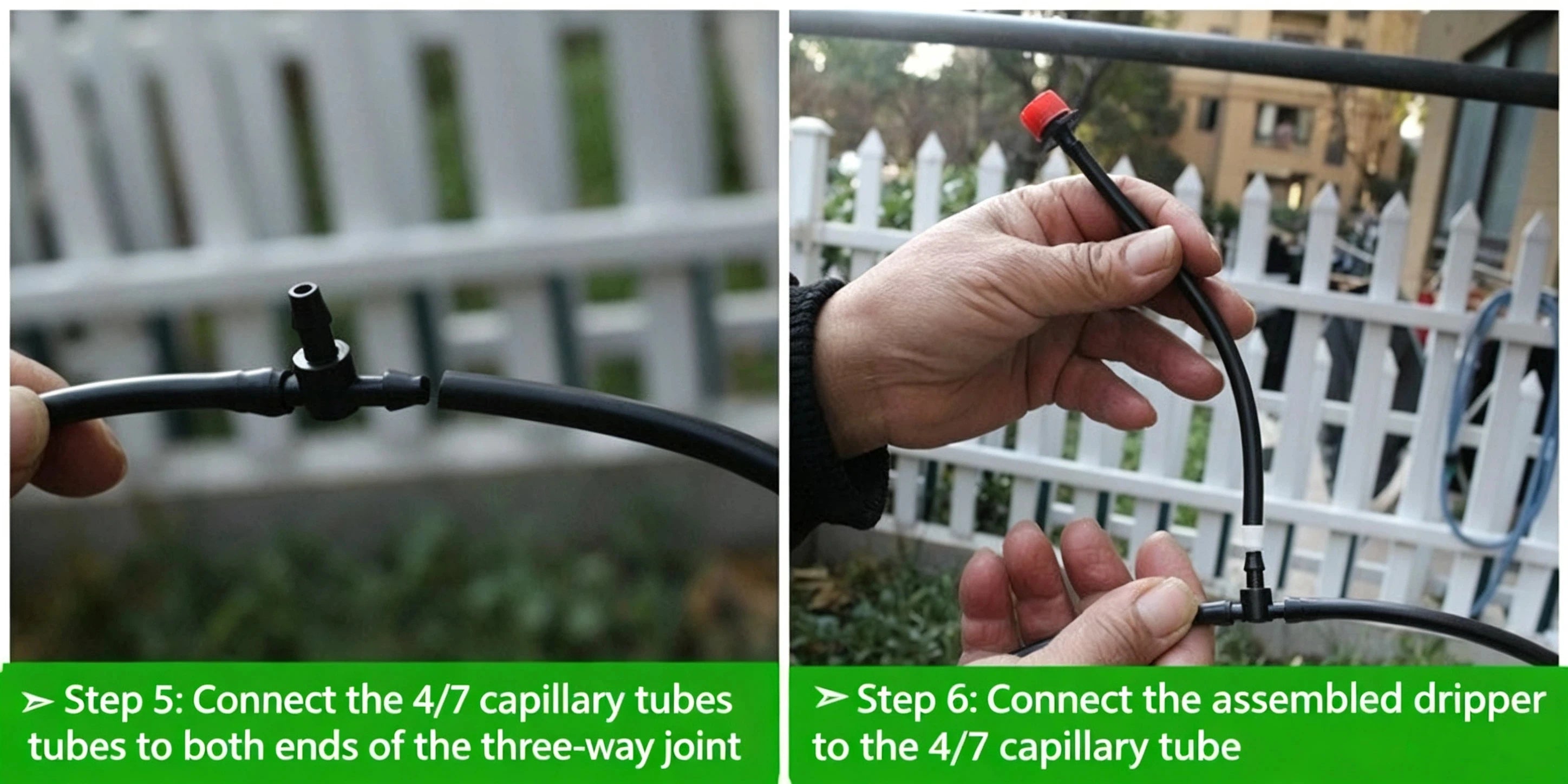 Micro drip irrigation system with connected 4/7 capillary tubes and assembled dripper