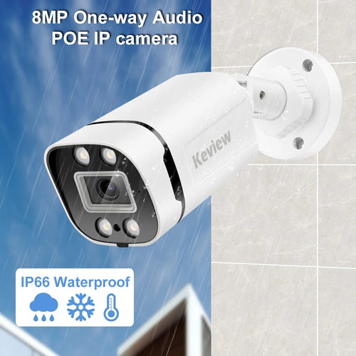 White outdoor bullet security camera with black lens panel and wall mounting flange