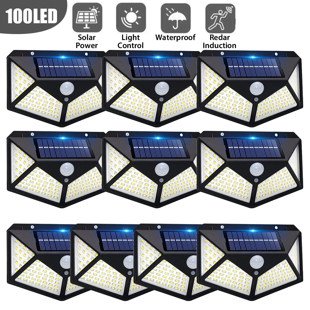 Solar Wall Lamp Outdoor Solar 100 LED Light 4 Sided Luminous Motion Sensor Waterproof Sunlight Garden Courtyard Decor Lighting