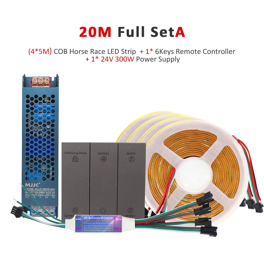 24V Horse Race Running Water Strip Light COB Flexible Ribbon 5M 10M 15M 20M Tape Lamp Work with Smart Switch Control Controller