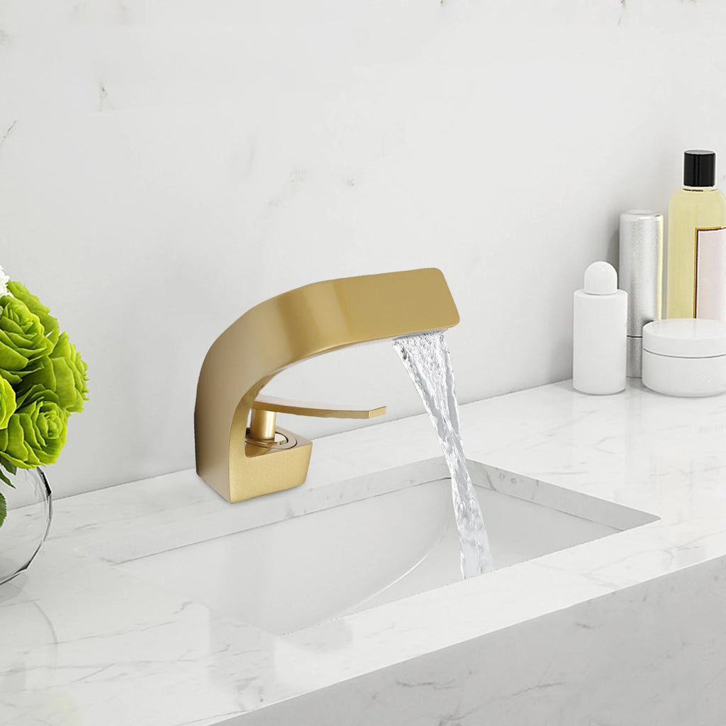 Gold Bathroom Waterfall Mixer Tap Modern Washbasin Faucet Copper Basin Tap Elegant Lift Off Type