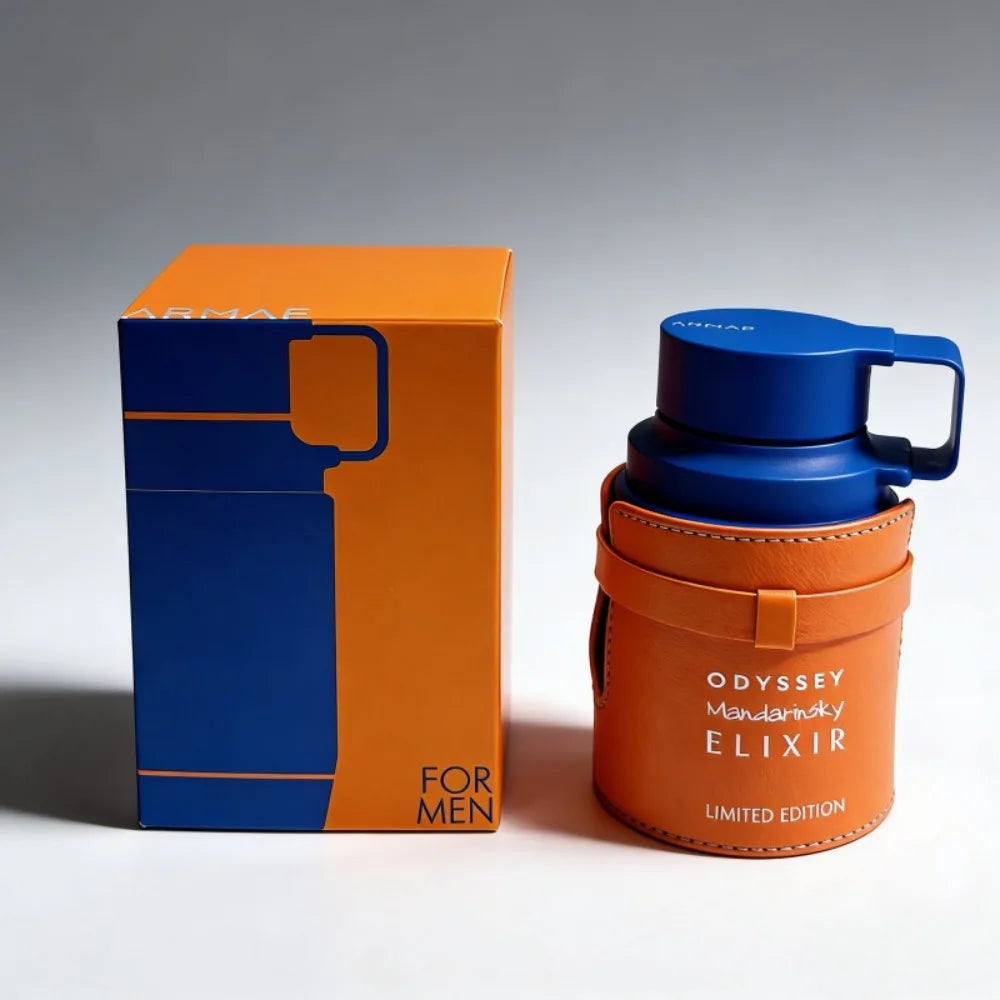 Armaf Odyssey Mandarin Sky Elixir: Arabic men’s EDP perfume in a 100ml leather-wrapped bottle with floral notes.