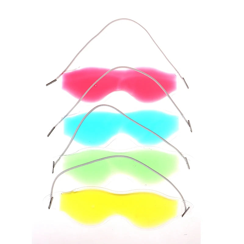 Set of four colorful gel eye masks for cold compress, sleep aid, and relaxation in pink, blue, green, and yellow.