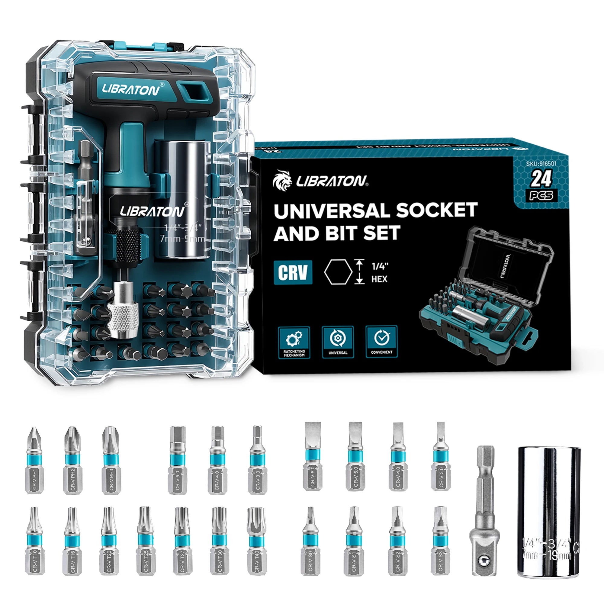 LIBRATON 24PCS Universal Socket & Ratchet T-Handle Screwdriver Bit Set Socket Adapter Magnetic Ratcheting Handle for DIY Repair